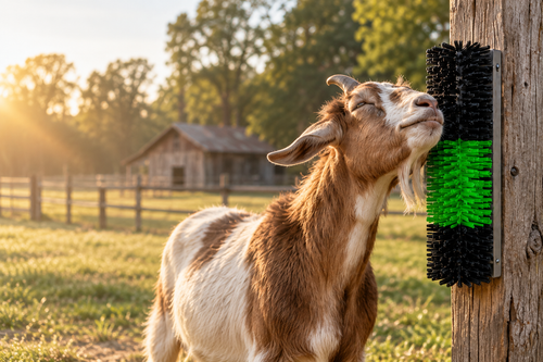 Illustrative scene of a brown goat using a mounted Goat Scratch brush