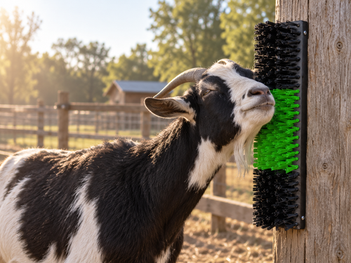Illustrative scene of a goat using a mounted Goat Scratch brush